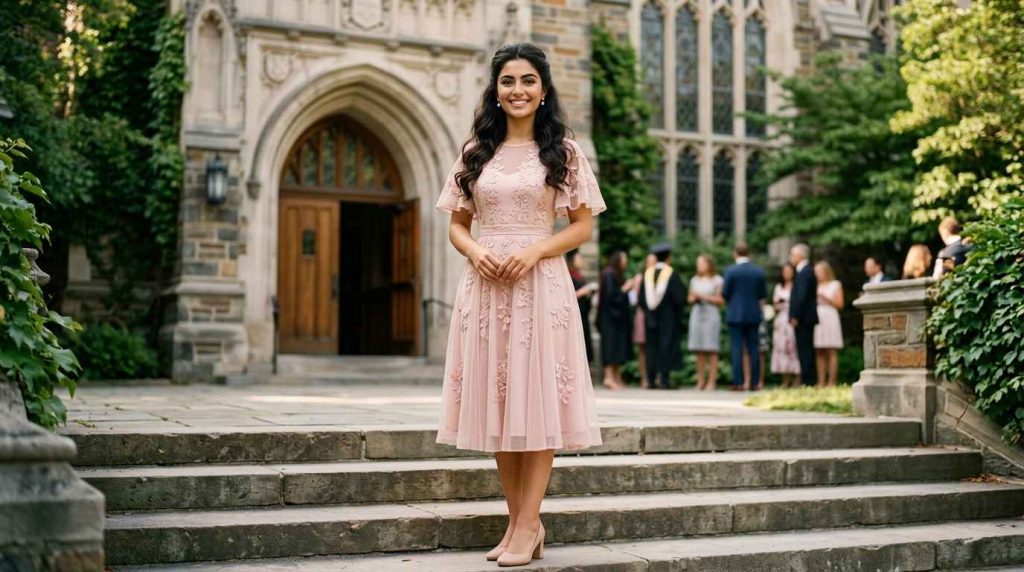 The modest graduation dress with flutter sleeves