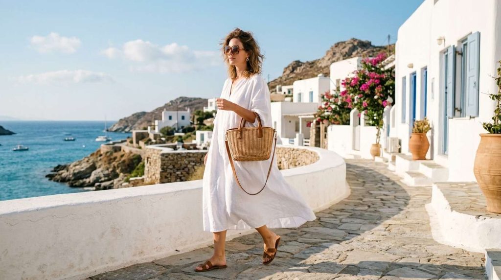 White Linen Midi Dress + Wicker Bag