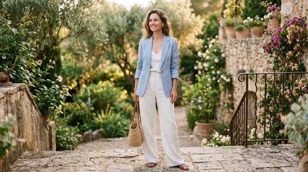 Seersucker Blazer + White Wide-Leg Trousers