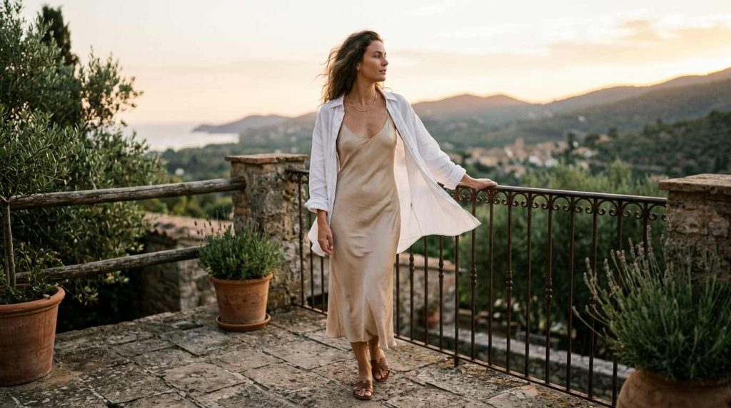 Silk Slip Dress + Lightweight Linen Shirt