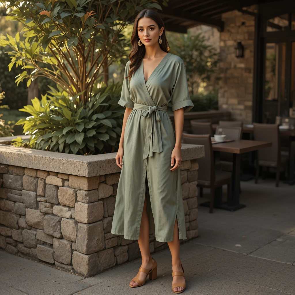 Sage Green Wrap Dress + Leather Sandals